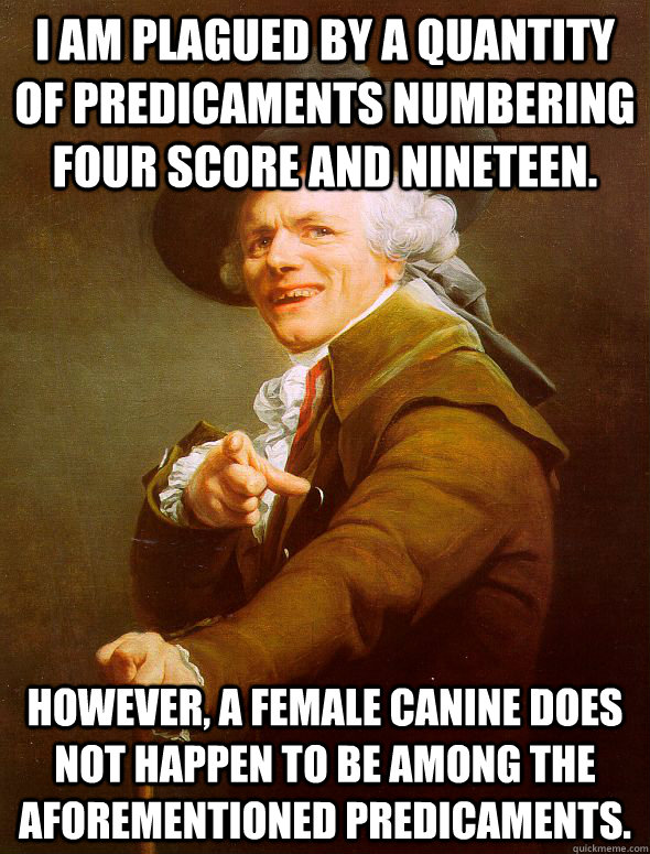 i am plagued by a quantity of predicaments numbering four score and nineteen. however, a female canine does not happen to be among the aforementioned predicaments. - i am plagued by a quantity of predicaments numbering four score and nineteen. however, a female canine does not happen to be among the aforementioned predicaments.  Joseph Ducreux