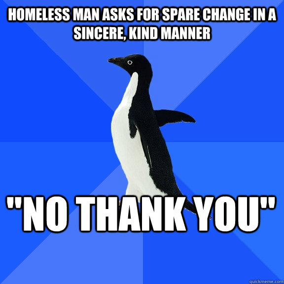 Homeless man asks for spare change in a sincere, kind manner 