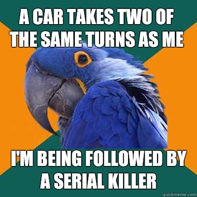 A car takes two of the same turns as me I'm being followed by a serial killer  Paranoid Parrot