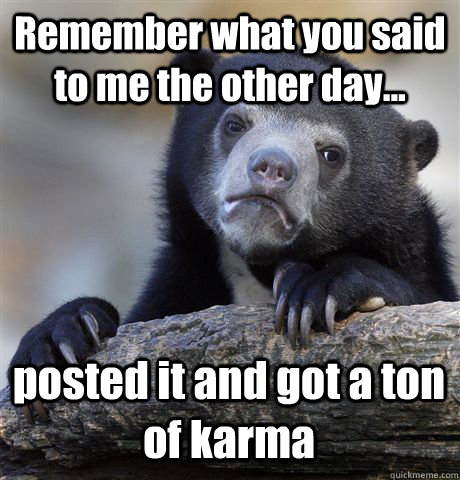 Remember what you said to me the other day... posted it and got a ton of karma  Confession Bear