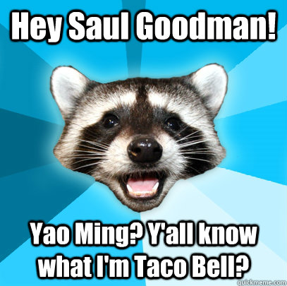 Hey Saul Goodman!  Yao Ming? Y'all know what I'm Taco Bell?  Lame Pun Coon