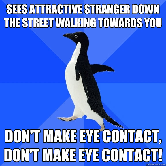 Sees attractive stranger down the street walking towards you Don't make eye contact, don't make eye contact!  Socially Awkward Penguin