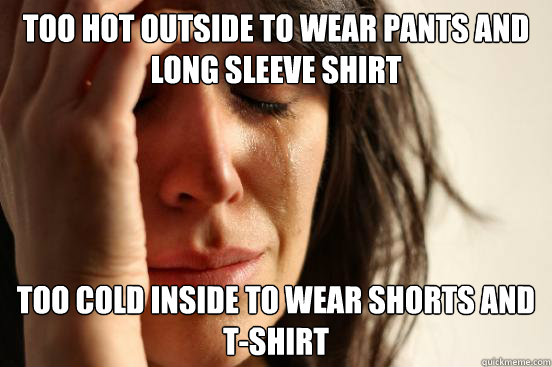 Too hot outside to wear pants and long sleeve shirt too cold inside to wear shorts and t-shirt  First World Problems