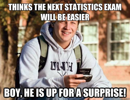 Thinks the next statistics exam will be easier Boy, he is up for a surprise!  College Freshman