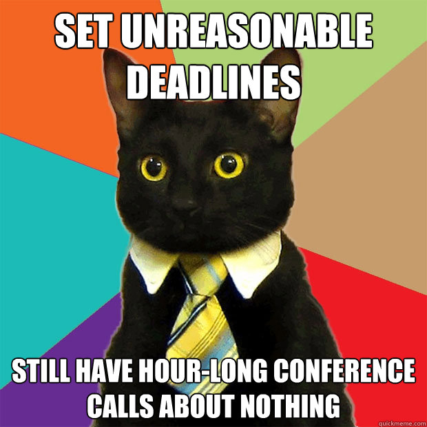 set unreasonable deadlines still have hour-long conference calls about nothing - set unreasonable deadlines still have hour-long conference calls about nothing  Business Cat