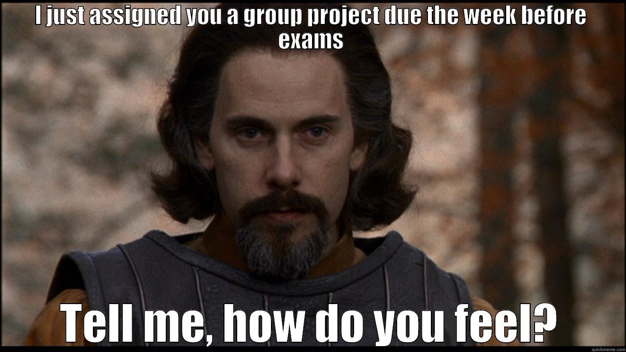 I JUST ASSIGNED YOU A GROUP PROJECT DUE THE WEEK BEFORE EXAMS TELL ME, HOW DO YOU FEEL? Misc