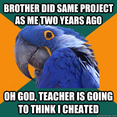 brother did same project as me two years ago oh god, teacher is going to think i cheated  Paranoid Parrot