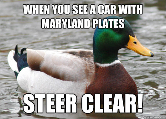 When you see a car with Maryland plates Steer Clear!  Actual Advice Mallard