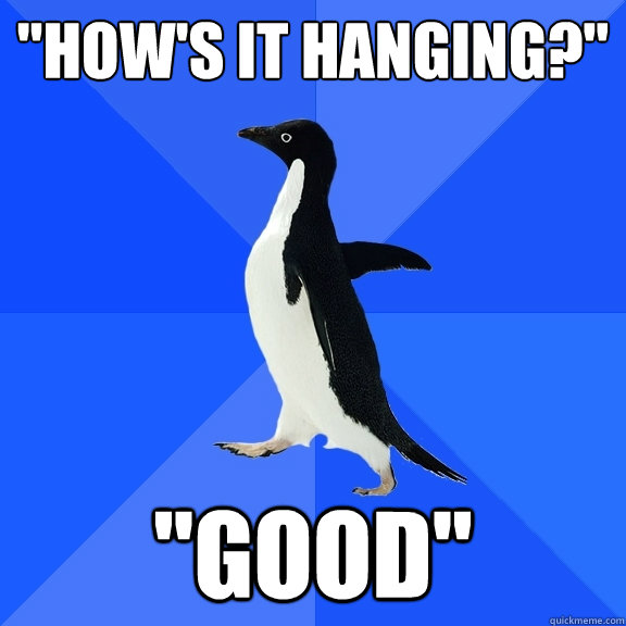 "How's it hanging?" "Good" Socially Awkward Penguin quickmeme