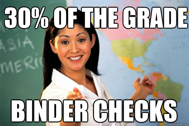 30% of the grade Binder Checks  - 30% of the grade Binder Checks   Unhelpful High School Teacher