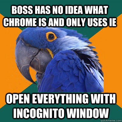 Boss has no idea what chrome is and only uses IE open everything with incognito window  Paranoid Parrot