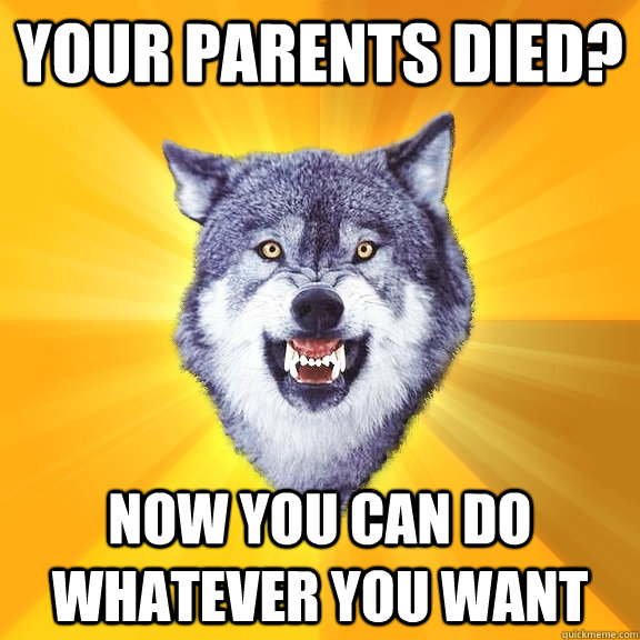 your parents died? now you can do whatever you want  Courage Wolf