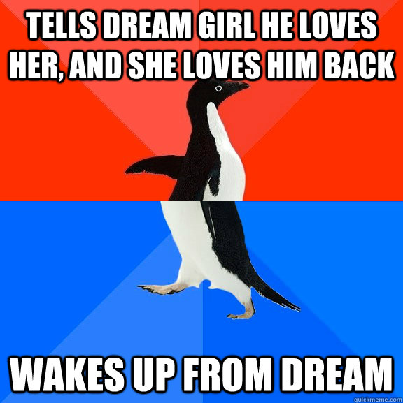 tells dream girl he loves her, and she loves him back wakes up from dream  Socially Awesome Awkward Penguin