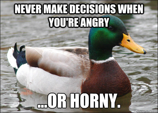 never make decisions when you're angry ...or horny. - never make decisions when you're angry ...or horny.  Actual Advice Mallard