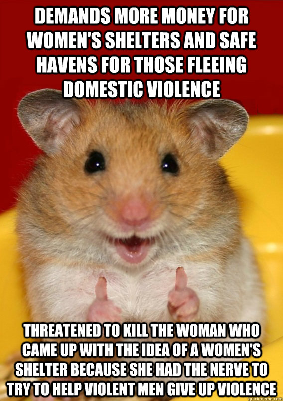 Demands more money for women's shelters and safe havens for those fleeing domestic violence threatened to kill the woman who came up with the idea of a women's shelter because she had the nerve to try to help violent men give up violence   Rationalization Hamster