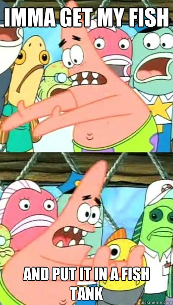 Imma get my fish  And put it in a fish tank  Push it somewhere else Patrick