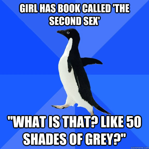 Girl has book called 'The Second Sex' 