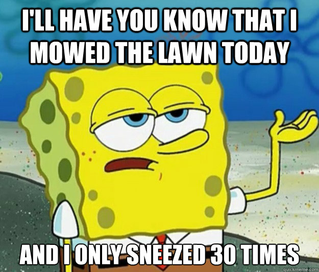 I'll have you know that I mowed the lawn today And I only sneezed 30 times  Tough Spongebob