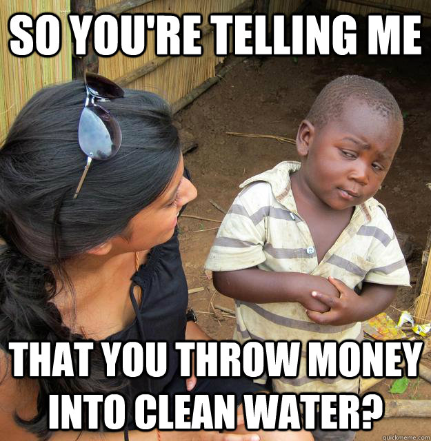 So you're telling me that you throw money into clean water? - So you're telling me that you throw money into clean water?  Skeptical 3rd World Child