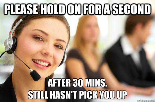 please hold on for a second after 30 mins. 
still hasn't pick you up - please hold on for a second after 30 mins. 
still hasn't pick you up  Call Center Agent