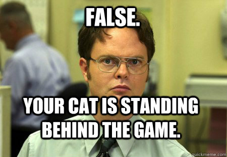 False. Your cat is standing behind the game.  Schrute