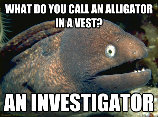 What do you call an alligator in a vest? An Investigator - What do you call an alligator in a vest? An Investigator  Bad Joke Eel