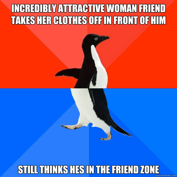 Incredibly attractive woman friend takes her clothes off in front of him Still thinks hes in the friend zone  Socially Awesome Awkward Penguin