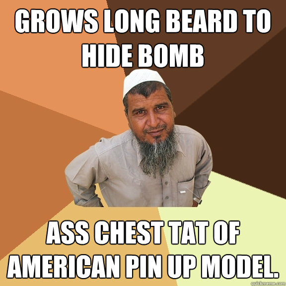Grows long beard to hide bomb ass chest tat of american pin up model.  Ordinary Muslim Man