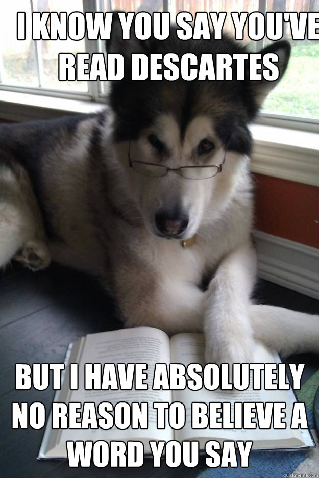 I know you say you've read Descartes But I have absolutely no reason to believe a word you say   Condescending Literary Pun Dog