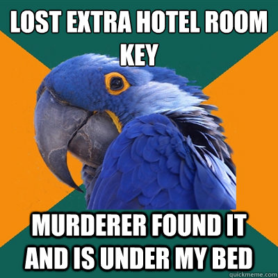 lost extra hotel room key murderer found it and is under my bed  Paranoid Parrot