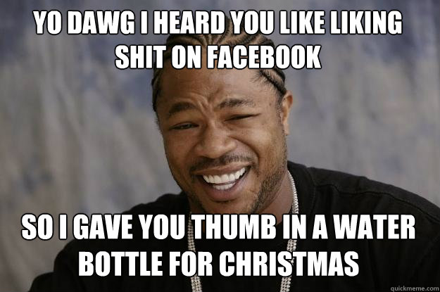 YO DAWG I HEARD YOU LIKE LIKING SHIT ON FACEBOOK so I GAVE YOU THUMB IN A WATER BOTTLE FOR CHRISTMAS - YO DAWG I HEARD YOU LIKE LIKING SHIT ON FACEBOOK so I GAVE YOU THUMB IN A WATER BOTTLE FOR CHRISTMAS  Xzibit meme