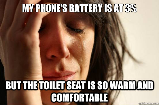 My phone's battery is at 3% but the toilet seat is so warm and comfortable  First World Problems