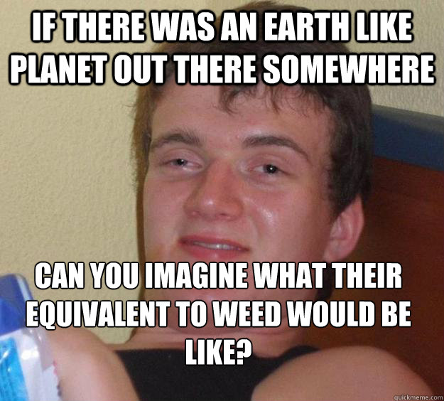 IF there was an earth like planet out there somewhere can you imagine what their equivalent to weed would be like?
  10 Guy