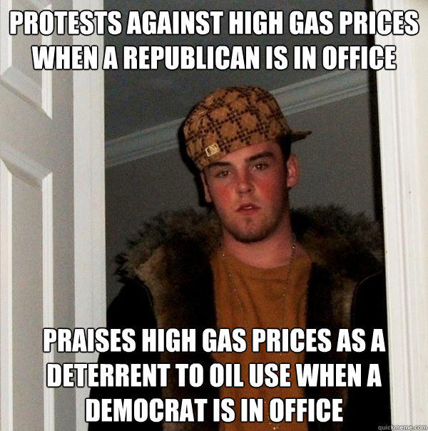 Protests against high gas prices when a republican is in office praises high gas prices as a deterrent to oil use when a democrat is in office  