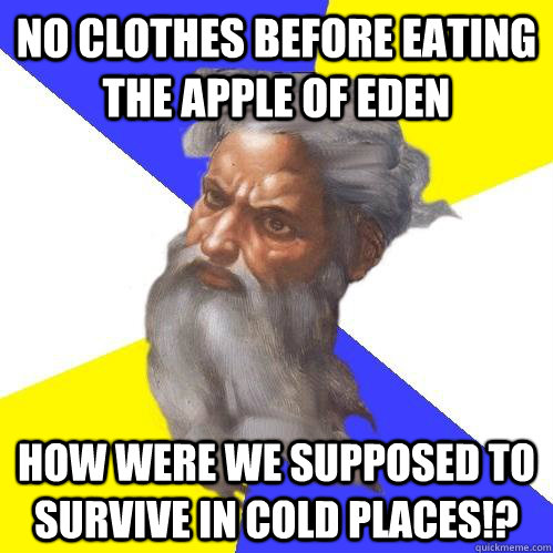 NO CLOTHES BEFORE EATING THE APPLE OF EDEN HOW WERE WE SUPPOSED TO SURVIVE IN COLD PLACES!?  Advice God