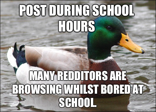 Post during school hours Many redditors are browsing whilst bored at school.  Actual Advice Mallard