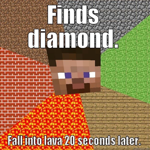 FINDS DIAMOND. FALL INTO LAVA 20 SECONDS LATER. Minecraft