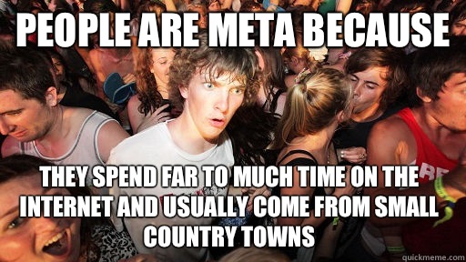 People are Meta because They spend far to much time on the Internet and usually come from small country towns  Sudden Clarity Clarence