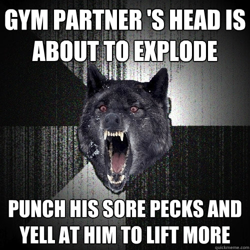 gym partner 's head is about to explode punch his sore pecks and yell at him to lift more  Insanity Wolf