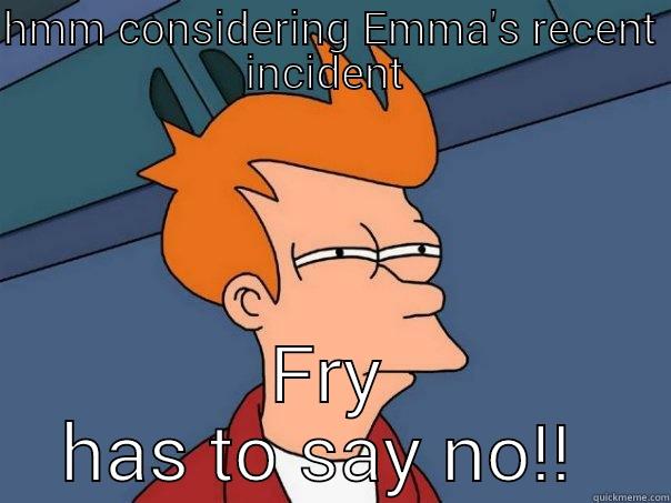no way  - HMM CONSIDERING EMMA'S RECENT INCIDENT  FRY HAS TO SAY NO!!  Futurama Fry