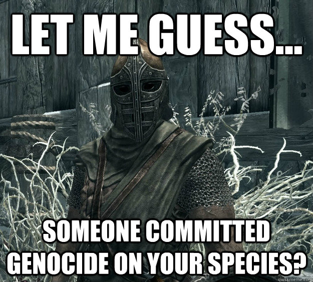 Let me guess... Someone committed genocide on your species?  Skyrim Guard