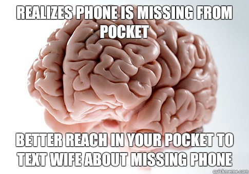 Realizes phone is missing from pocket Better reach in your pocket to text wife about missing phone   Scumbag Brain