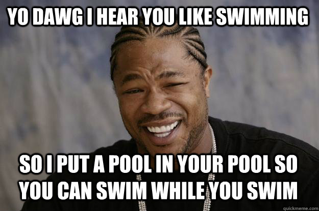 YO DAWG I HEAR YOU LIKE SWIMMING SO I PUT A POOL IN YOUR POOL SO YOU CAN SWIM WHILE YOU SWIM  Xzibit meme