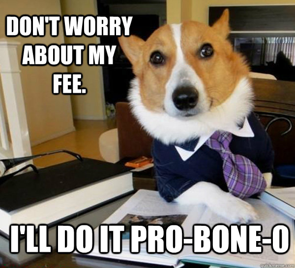 Don't worry about my fee. I'll do it pro-bone-0  Lawyer Dog