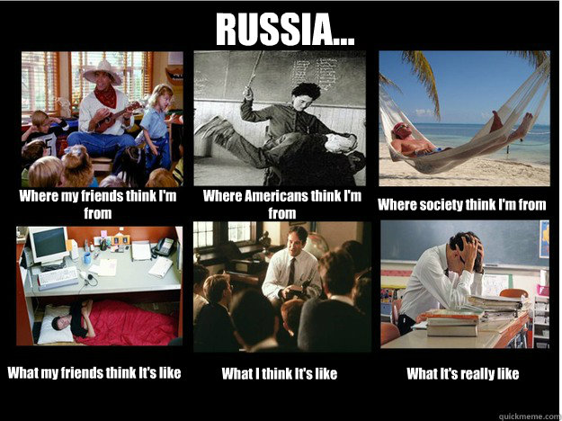 RUSSIA... Where my friends think I'm from Where Americans think I'm from Where society think I'm from What my friends think It's like What I think It's like What It's really like  What People Think I Do
