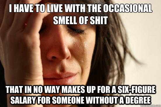 I have to live with the occasional smell of shit That in no way makes up for a six-figure salary for someone without a degree  First World Problems