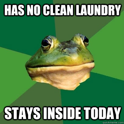 Has no Clean Laundry Stays inside today  Foul Bachelor Frog