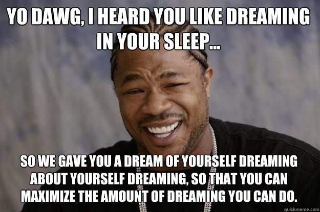 Yo dawg, I heard you like dreaming in your sleep... So we gave you a dream of yourself dreaming about yourself dreaming, so that you can maximize the amount of dreaming you can do.  Xzibit meme