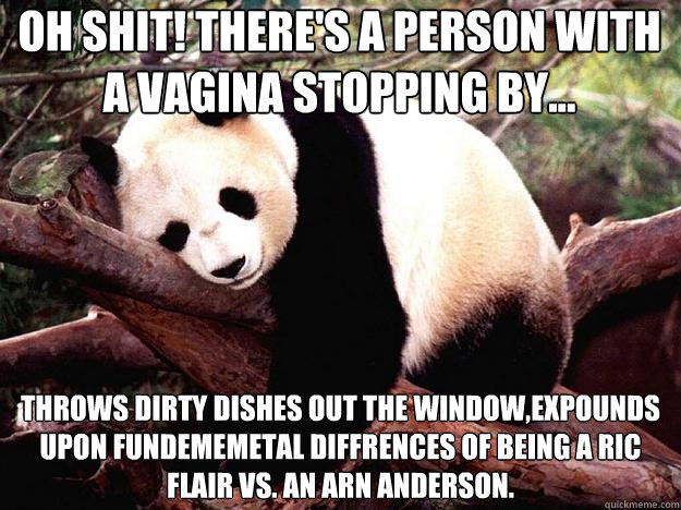 OH SHIT! THERE'S A PERSON WITH  A VAGINA STOPPING BY... THROWS DIRTY DISHES OUT THE WINDOW,EXPOUNDS UPON FUNDEMEMETAL DIFFRENCES OF BEING A RIC FLAIR VS. AN ARN ANDERSON.  Procrastination Panda