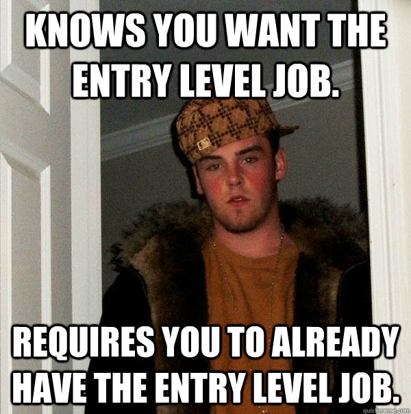 Knows you want the entry level job. Requires you to already have the entry level job.  Scumbag Steve